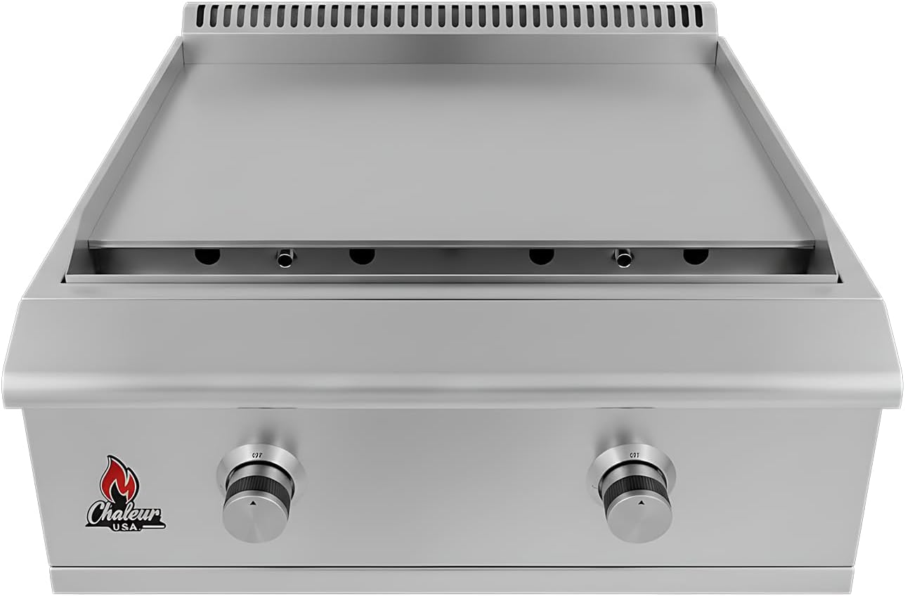 Chaleur 30' Gas Griddle - Professional Flat Top Grill with 493 Sq In Cooking Surface, 304 Stainless Steel, 36,000 BTU, 2 Cast Burners, LED Knobs - Built-In Outdoor Kitchen Griddle for Natural Gas