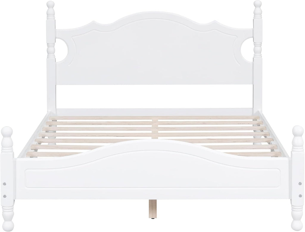 LUMISOL Vintage Full Size Spindle Bed Frame with Headboard, Mid-Century Platform Bed with Wood Slat Support for Bedroom, No Box Spring Needed, White