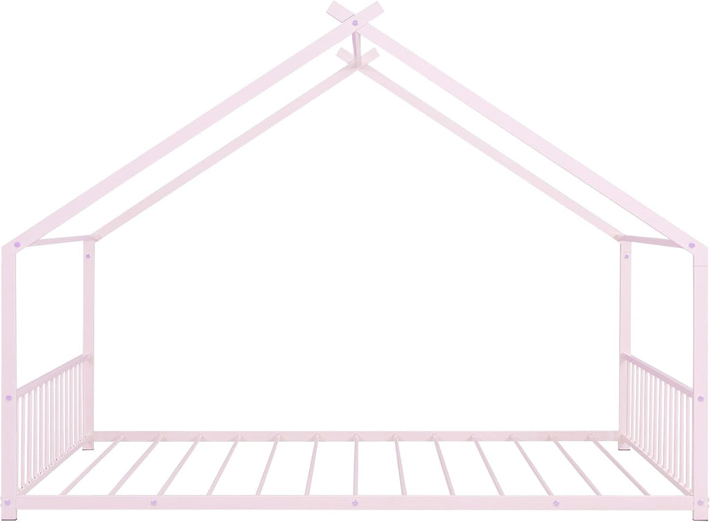 Bellemave Full Floor BedFrame with Slats for Kids, Metal Montessori Floor Beds, Full House Bed for Kids, Pink with roof