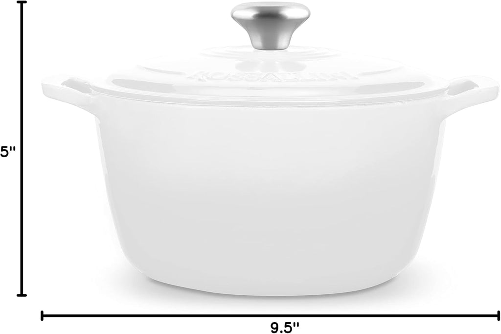 ROSSALLINI Signature Enameled Cast Iron Dutch Oven, Non-Stick Serving Pot with Tight Fitting Lid for Perfect Roasting, Baking, Sauteing, and Bread Making | 5.5Q (5.2L) - White