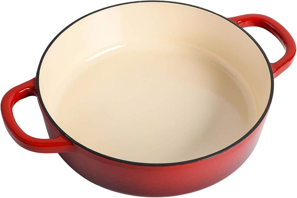 5 Quart Enameled Cast Iron Braiser Pan with Self-Basting Lid – Round Dutch Oven Casserole Dish for Roasting, Simmering & Baking – Oven Safe with Large Handles for Easy Lifting (Red)