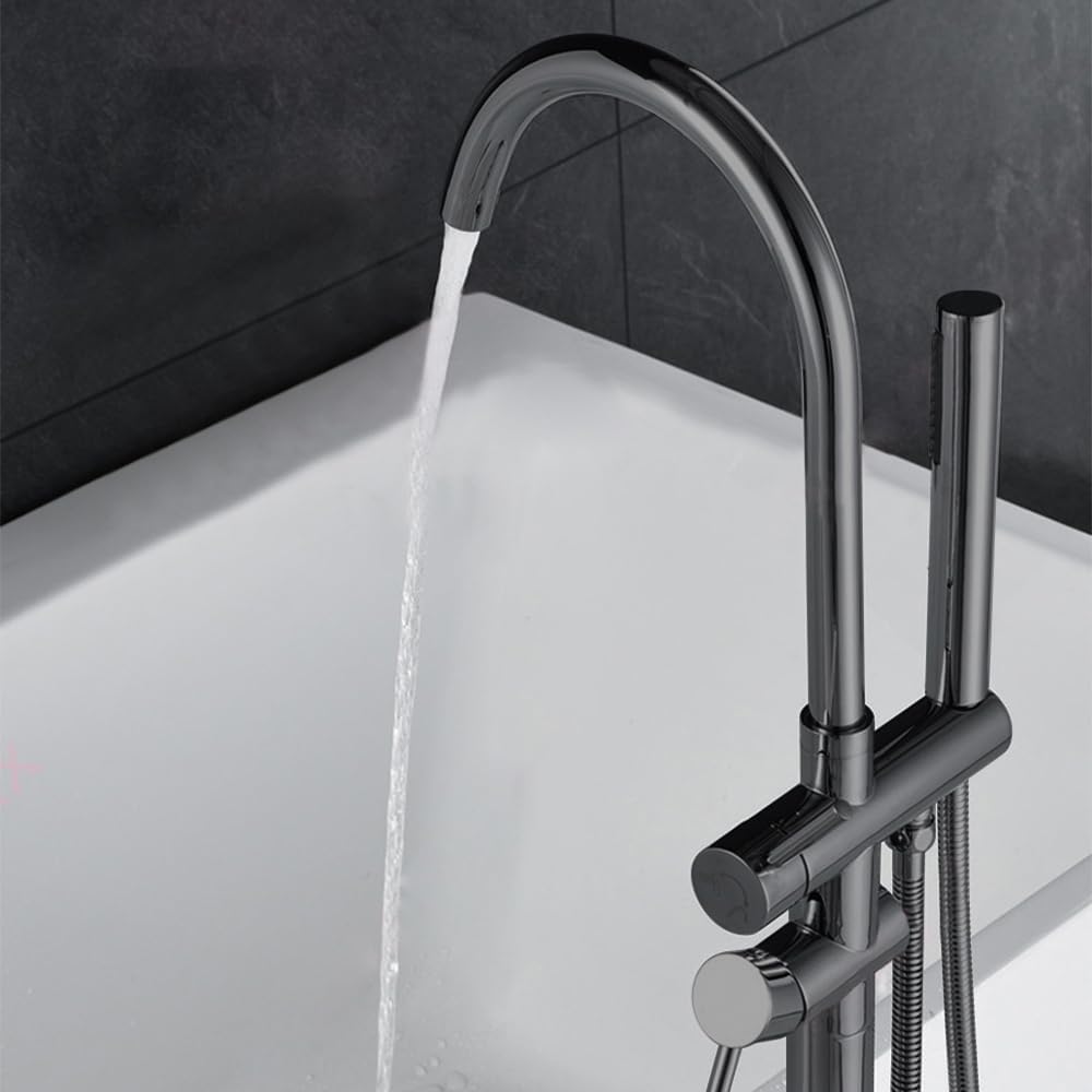 Floor Mount Bathtub Faucet, Freestanding Tub Filler, Standing Swivel Spout Shower Faucets Shower Mixer Taps with Cylinder Handheld Shower (Gun Grey, With Embedded Box)