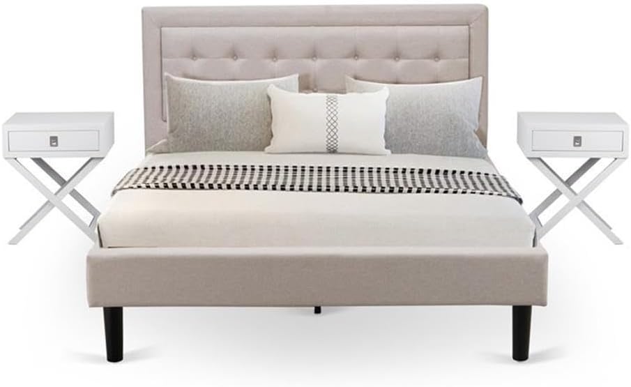 East West Furniture FN08Q-2HAE0 3-Piece Fannin Bedroom Furniture Set with 1 Modern Bed and 2 Mid Century Modern Nightstands - Reliable and Durable Construction - Mist Beige Linen Fabric