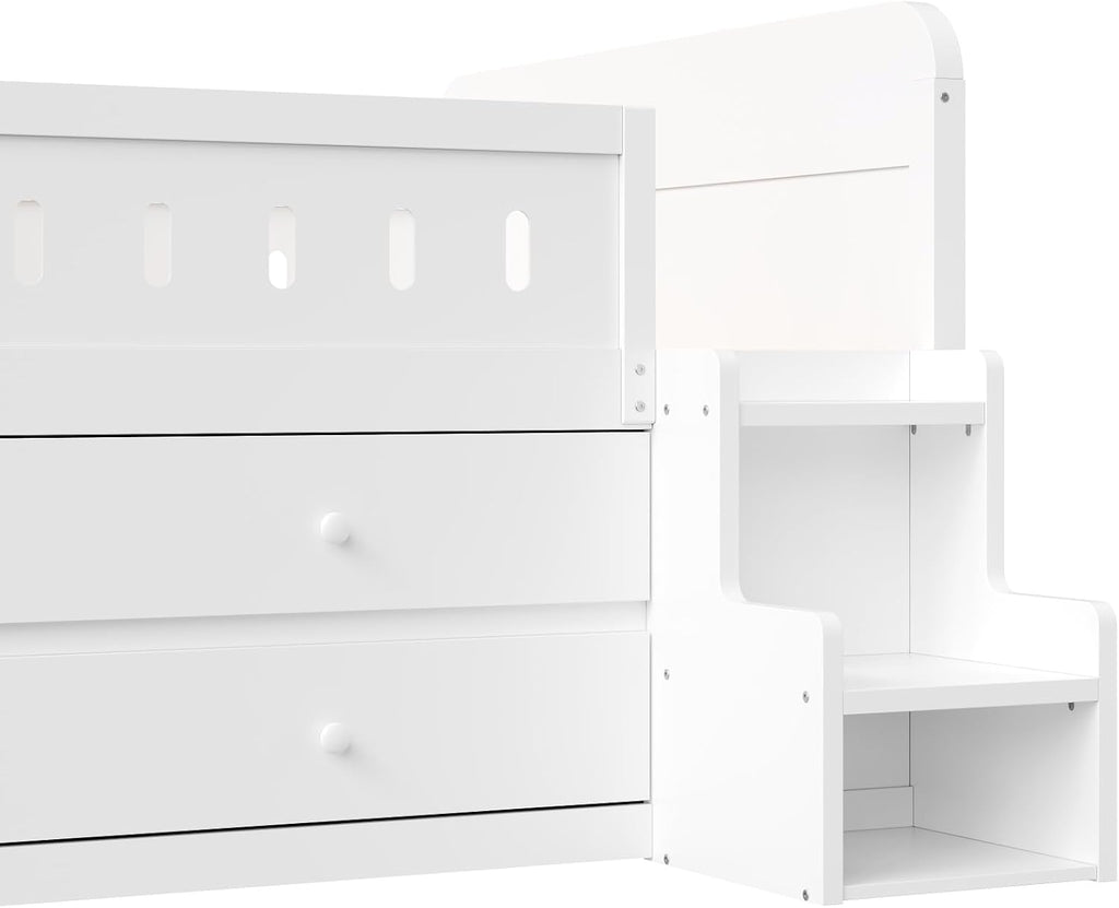 VilroCaz Full Size Platform Bed with Guardrail and 4 Drawers, Wooden Kids Platform Bed Frame with Two-Step Staircases and Light Strip for Boys Girls, Sturdy Slats Support (White-11A)