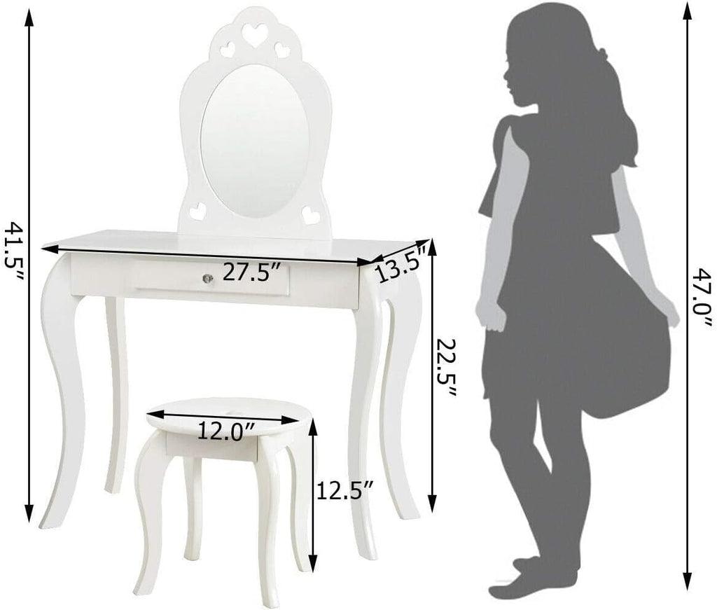Costzon Kids Vanity & Jewelry Armoire Cabinet, Wooden Kids Vanity Table and Chair Set, Standing Jewelry Organizer with Full-Length Mirror, Large Storage, Kids Bedroom Furniture Set for Girls (White)