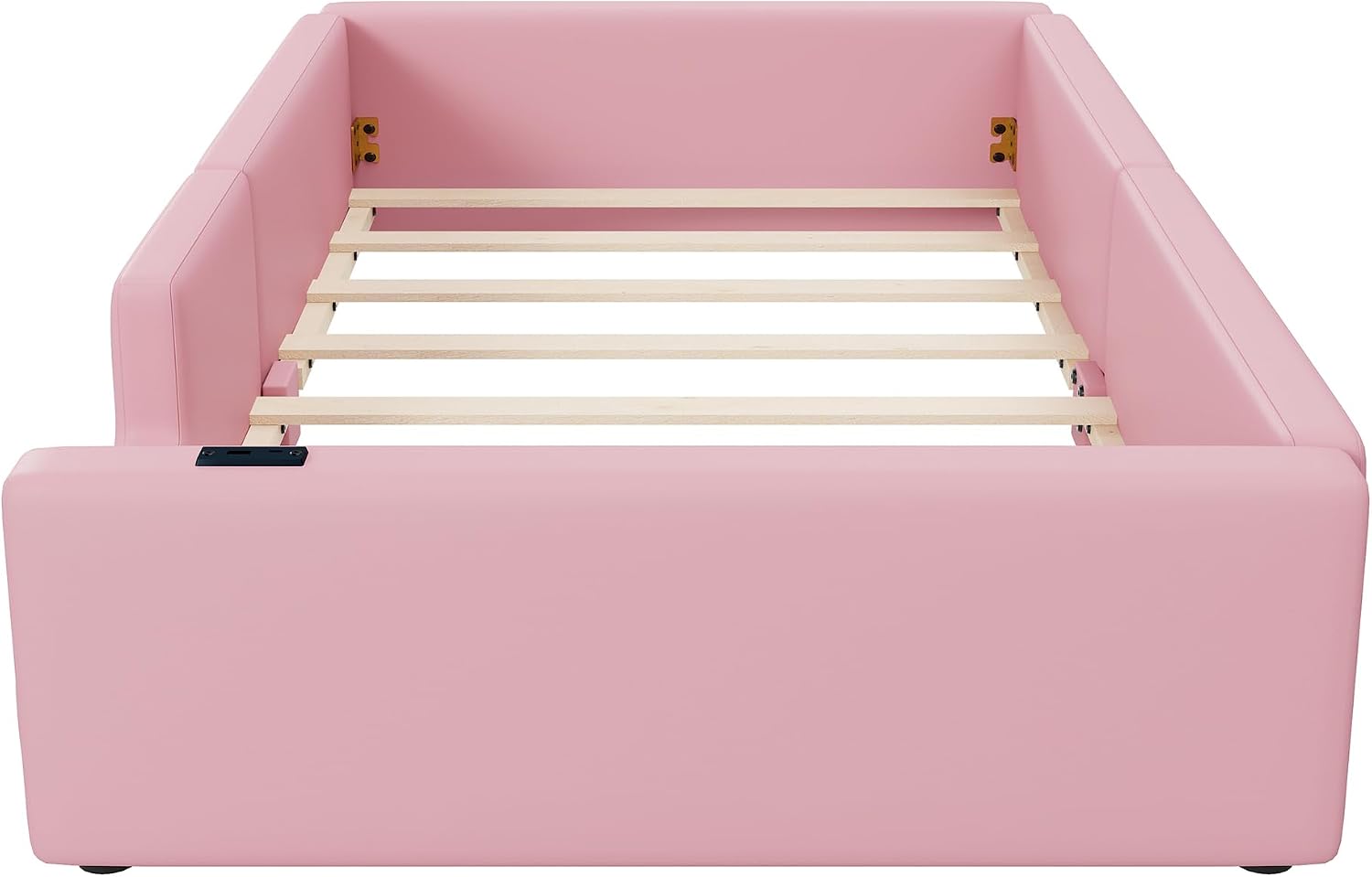 VilroCaz Twin Size Upholstered Platform Bed with Safety Guardrail, Montessori Kids Floor Bed, Child Grounded Bed with Charging Station and Sturdy Slats Support
