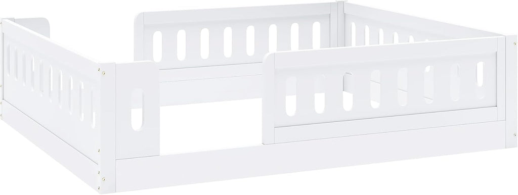 Platform Bed with Guardrails,Wood Floor Bed Frame for Bedroom,No Box Spring Needed (White, Full Size)