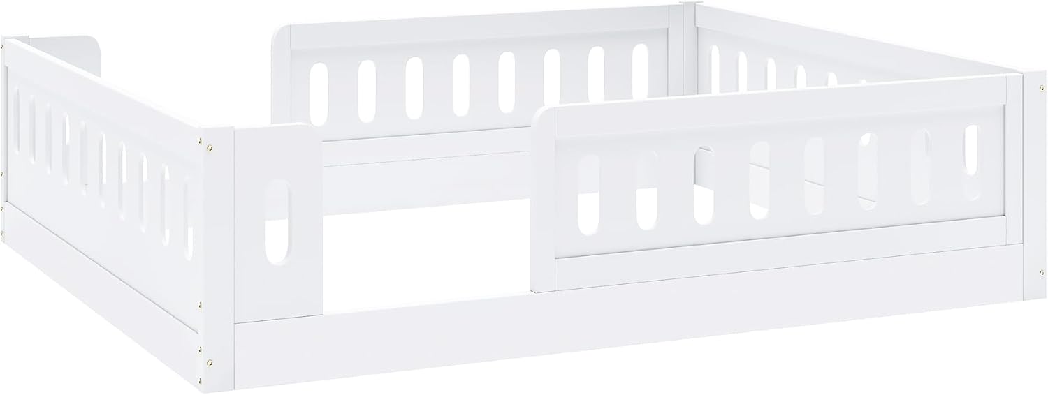 Platform Bed with Guardrails,Wood Floor Bed Frame for Bedroom,No Box Spring Needed (White, Full Size)