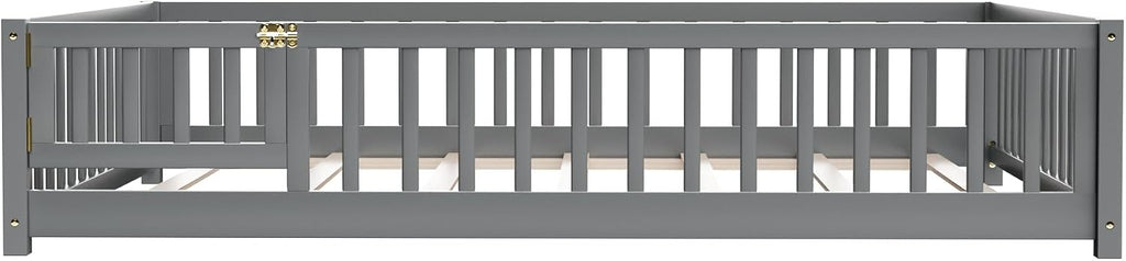 i-POOK Queen Floor Bed for Children, Sturdy Wood Montessori Bed Frame with Wood Slats, Fence & Door, Montessori Floor Bed for Girls and Boys, Gray