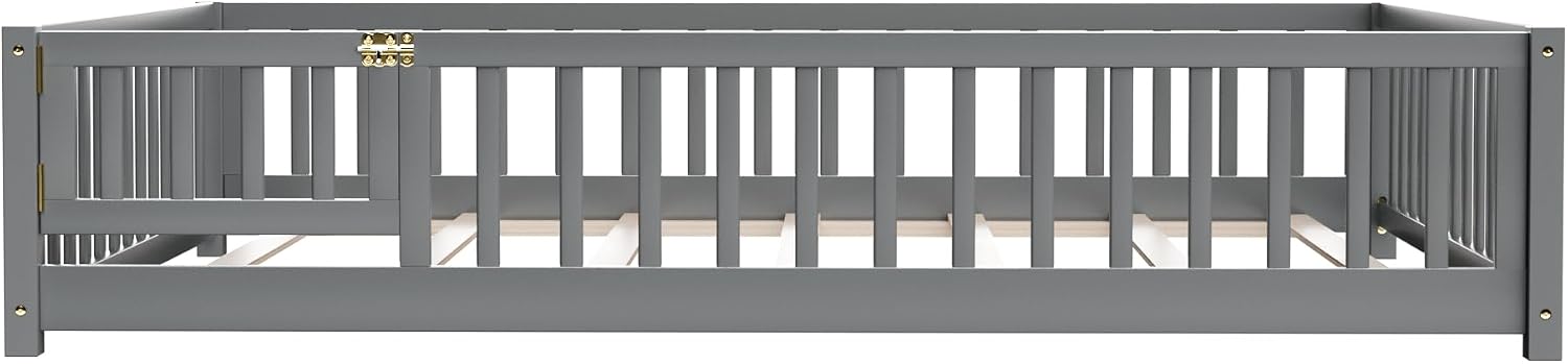 i-POOK Queen Floor Bed for Children, Sturdy Wood Montessori Bed Frame with Wood Slats, Fence & Door, Montessori Floor Bed for Girls and Boys, Gray