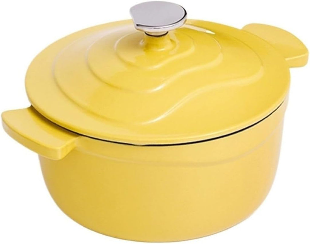 Home Use Dutch Oven for Bread Baking 1.6L Cast Iron Braiser with Lid Dual Handles Casserole Pot for Soup Ribs Waterless Cooking(Yellow)