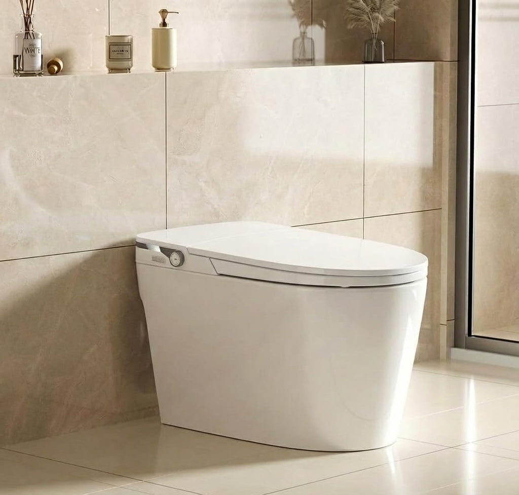 Smart Toilet with Bidet Built in, Heated Seat & Dual Auto Flush, Foot Sensor, Modern Extended Electric Toilet with Water Tank, Warm Water Wash, Air Drying, LED Night Light, Remote, Manual flip cover
