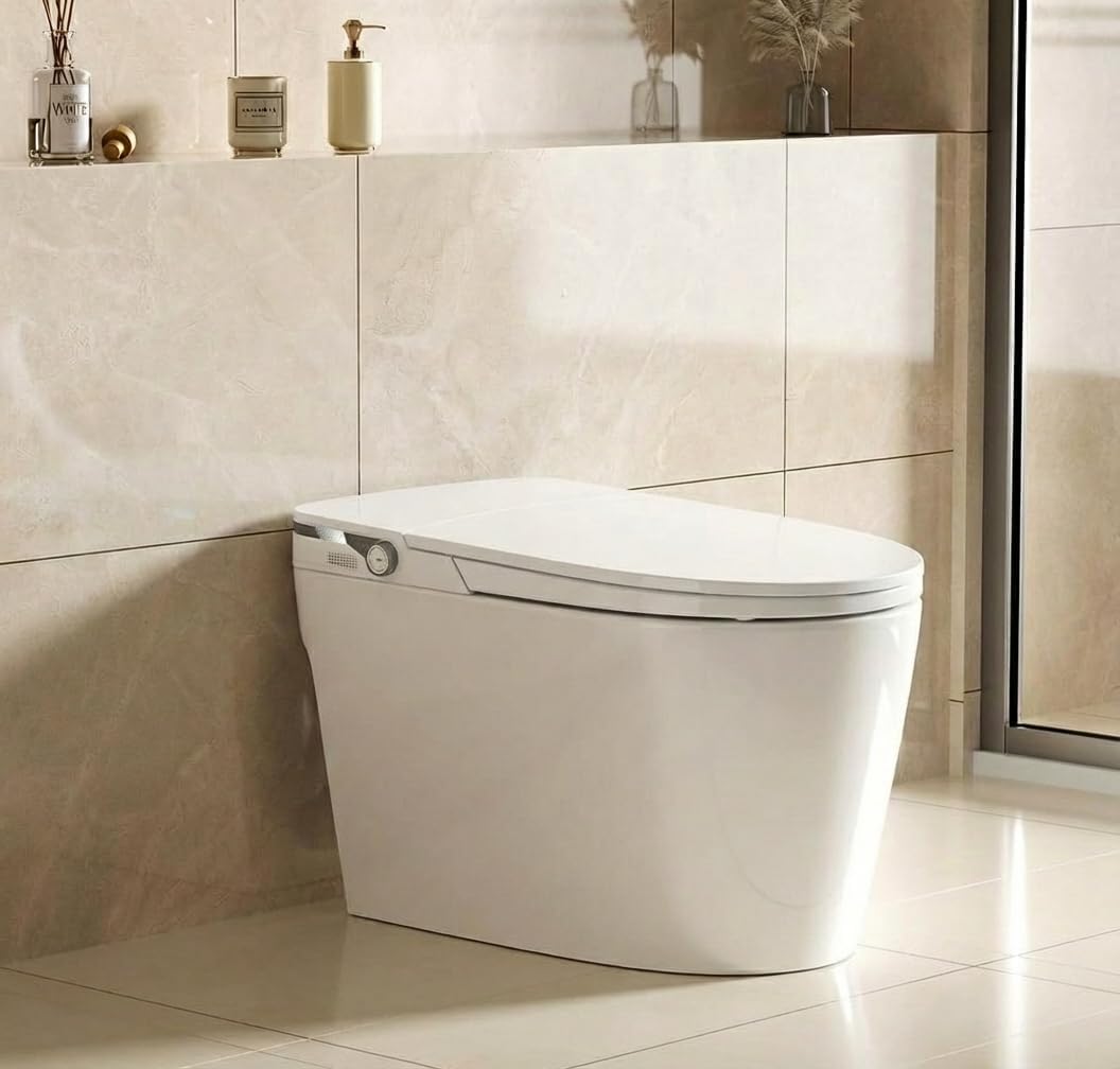 Smart Toilet with Bidet Built in, Heated Seat & Dual Auto Flush, Foot Sensor, Modern Extended Electric Toilet with Water Tank, Warm Water Wash, Air Drying, LED Night Light, Remote, Manual flip cover