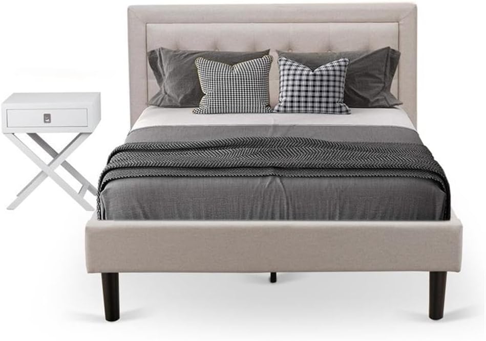 East West Furniture FN08F-1HAE0 2-Pc Fannin Wooden Set for Bedroom with 1 Upholstered Bed and a Small Nightstand - Reliable and Durable Manufacturing - Mist Beige Linen Fabric