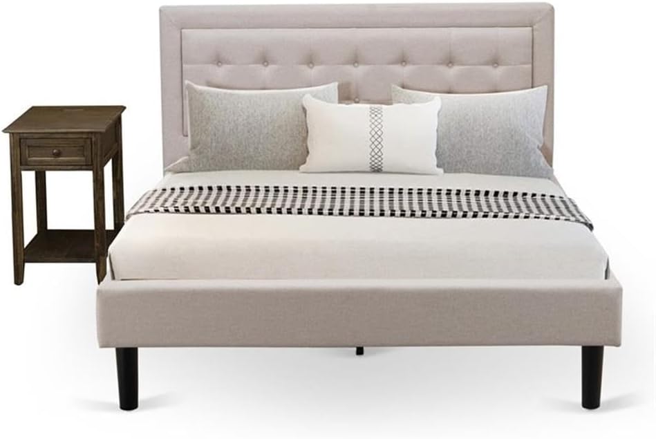 East West Furniture FN08Q-1DE07 2-Piece Platform Bedroom Furniture Set with 1 Modern Bed and a Mid Century Nightstand - Reliable and Sturdy Manufacturing - Mist Beige Linen Fabric