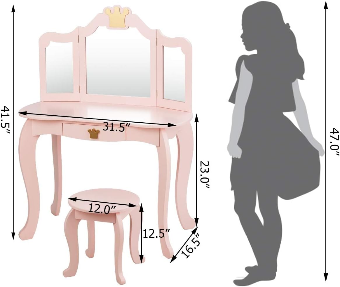 Costzon Kids Vanity & Jewelry Armoire Cabinet, Kids Makeup Vanity Table and Chair Set, 360° Swivel Standing Jewelry Organizer with Full-Length Mirror, Kids Bedroom Furniture Set for Girls (Pink)