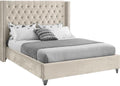 Meridian Furniture Aiden Collection Modern | Contemporary Velvet Upholstered Bed with Deep Button Tufting, Solid Wood Frame, and Custom Chrome Legs, Queen, Cream