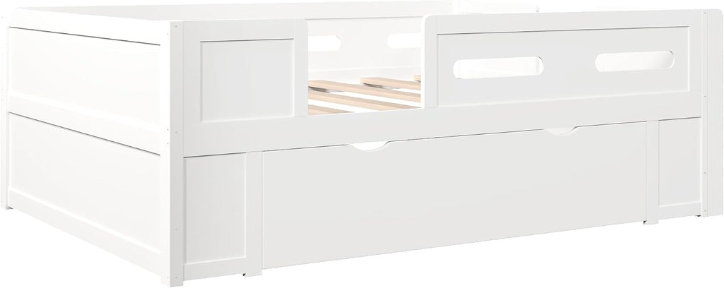 VilroCaz Modern Twin Size Platform Bed with Guardrail and Large Drawer, Wood Kids Platform Bed Frame with Two-Step Ladder for Boys Girls, Sturdy Slats Support (White-1.12T)