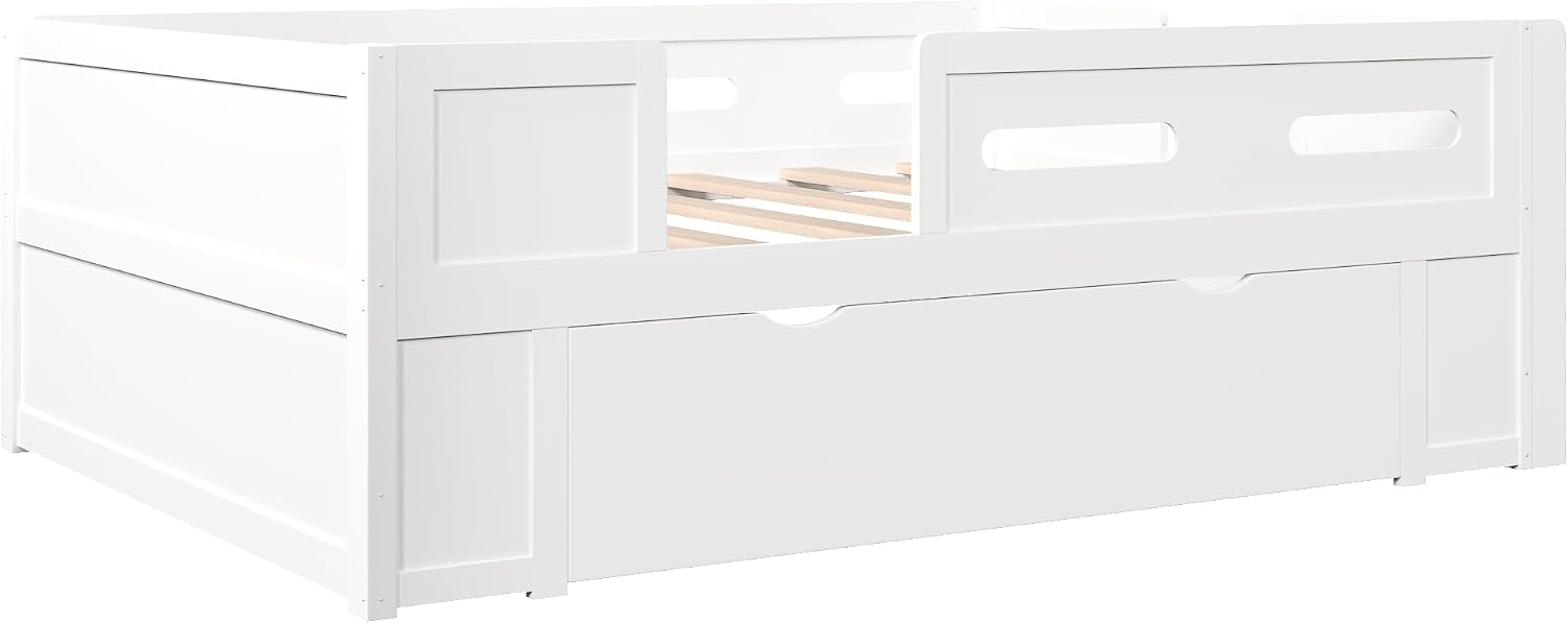 VilroCaz Modern Twin Size Platform Bed with Guardrail and Large Drawer, Wood Kids Platform Bed Frame with Two-Step Ladder for Boys Girls, Sturdy Slats Support (White-1.12T)