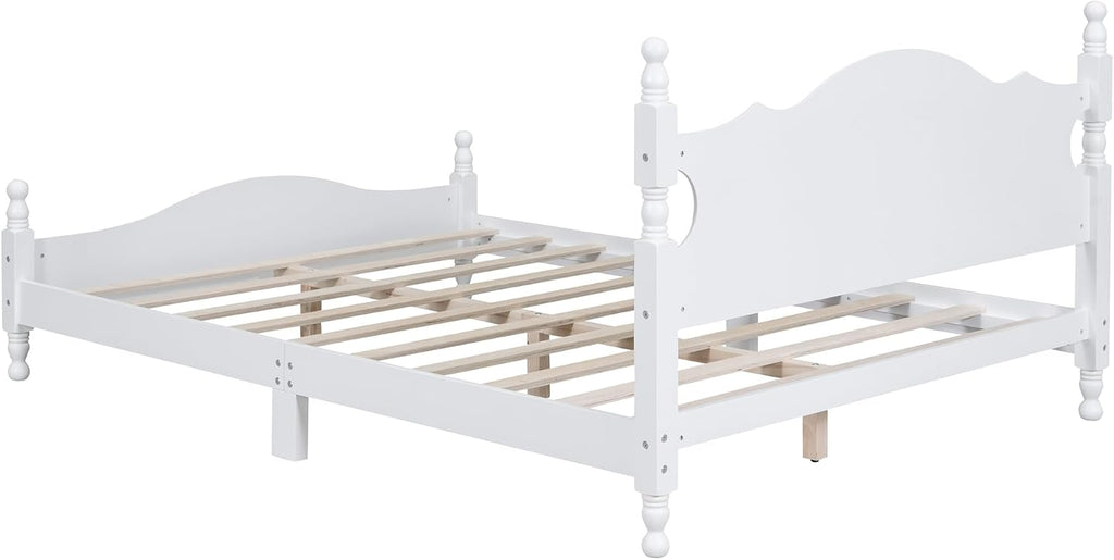 LUMISOL Wood Bed Frame Queen Size with Classic Headboard, Retro Style Wooden Bed Frame with Wood Slat Support for Bedroom, White