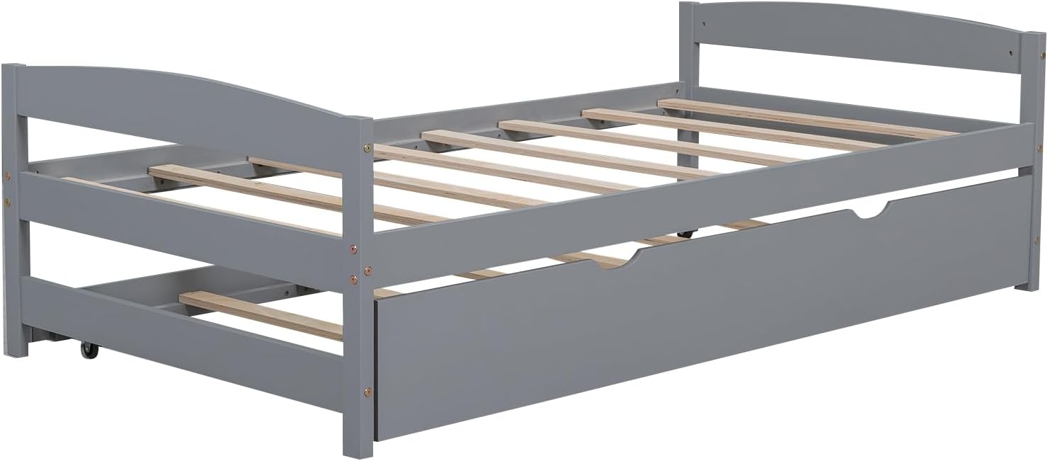 Bellemave Twin Size Kids Bed with Trundle, Wood Twin Daybed with Storage, BedFrames for Kids, Adults, Gray