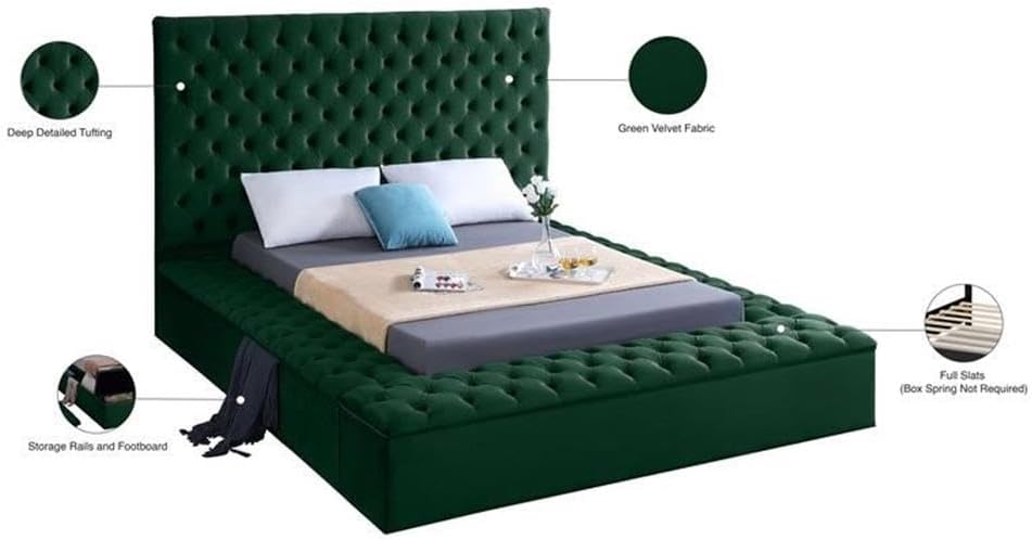 Meridian Furniture Bliss Collection Modern | Contemporary Velvet Upholstered Bed with Deep Button Tufting and Storage Compartments in Rails and Footboard, Green, Queen