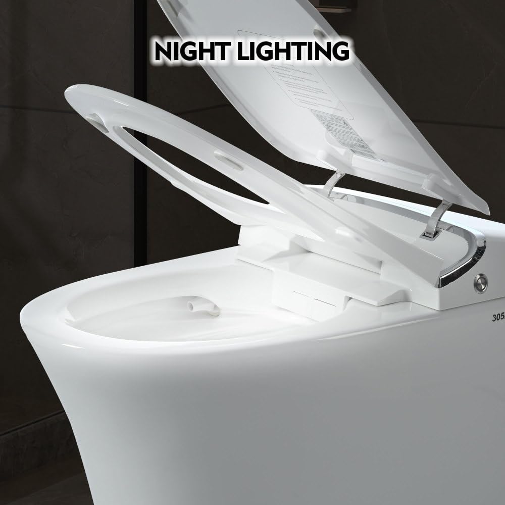 Smart Heated Bidet Toilet Seat with Warm Water Wash & Dryer, Automatic Flush — Elongated One‑Piece Toilet with Remote Control, Adjustable Water/Seat/Air Temp, Soft‑Close Lid