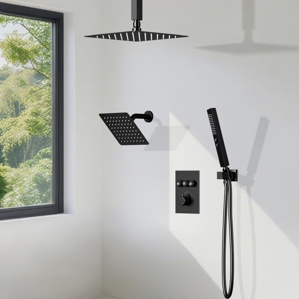 Thermostatic Shower System Matte Black Push Button Shower Faucet Set,12' Ceiling Rainfall and 6' Wall Mount Rain Shower with 2 in 1 Handhled, Can Use All at Once, Shower Set with Valve and Trim Kit