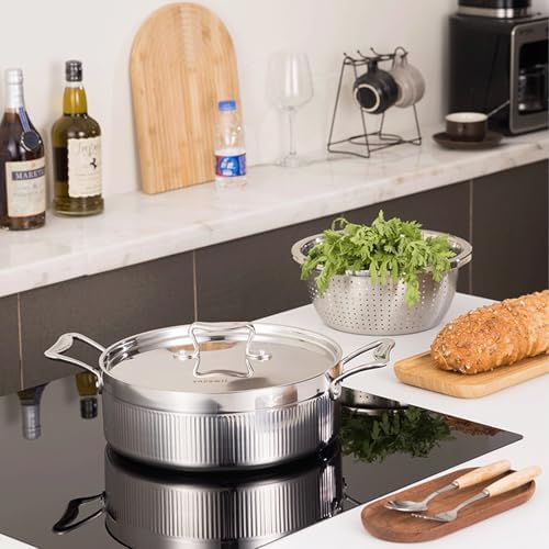 3-Ply Stainless Steel Mini Stockpot with Lid, 1.3Qt Oval Braiser, Double Handles, Large Capacity Soup & Pasta Pot for Gas, Induction & Electric Stoves, Silver