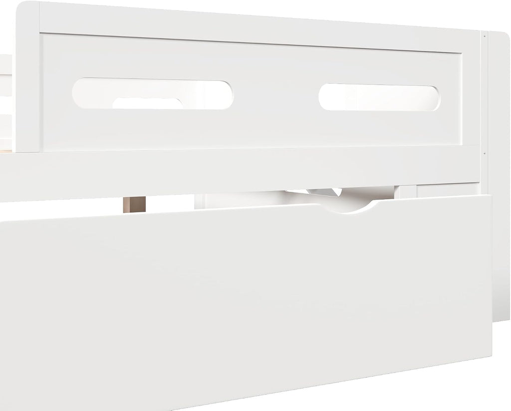 VilroCaz Modern Full Size Platform Bed with Guardrail and Large Drawer, Wood Kids Platform Bed Frame with Two-Step Ladder for Boys Girls, Sturdy Slats Support (White-1.12F)