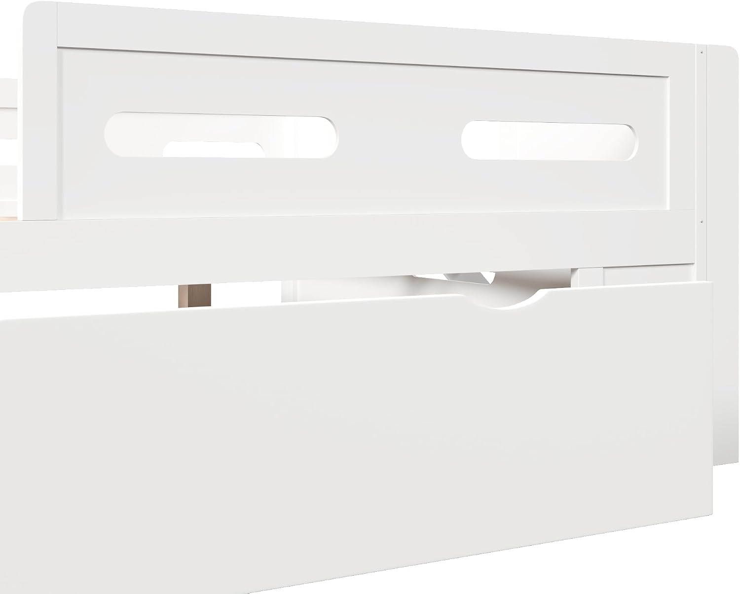 VilroCaz Modern Full Size Platform Bed with Guardrail and Large Drawer, Wood Kids Platform Bed Frame with Two-Step Ladder for Boys Girls, Sturdy Slats Support (White-1.12F)