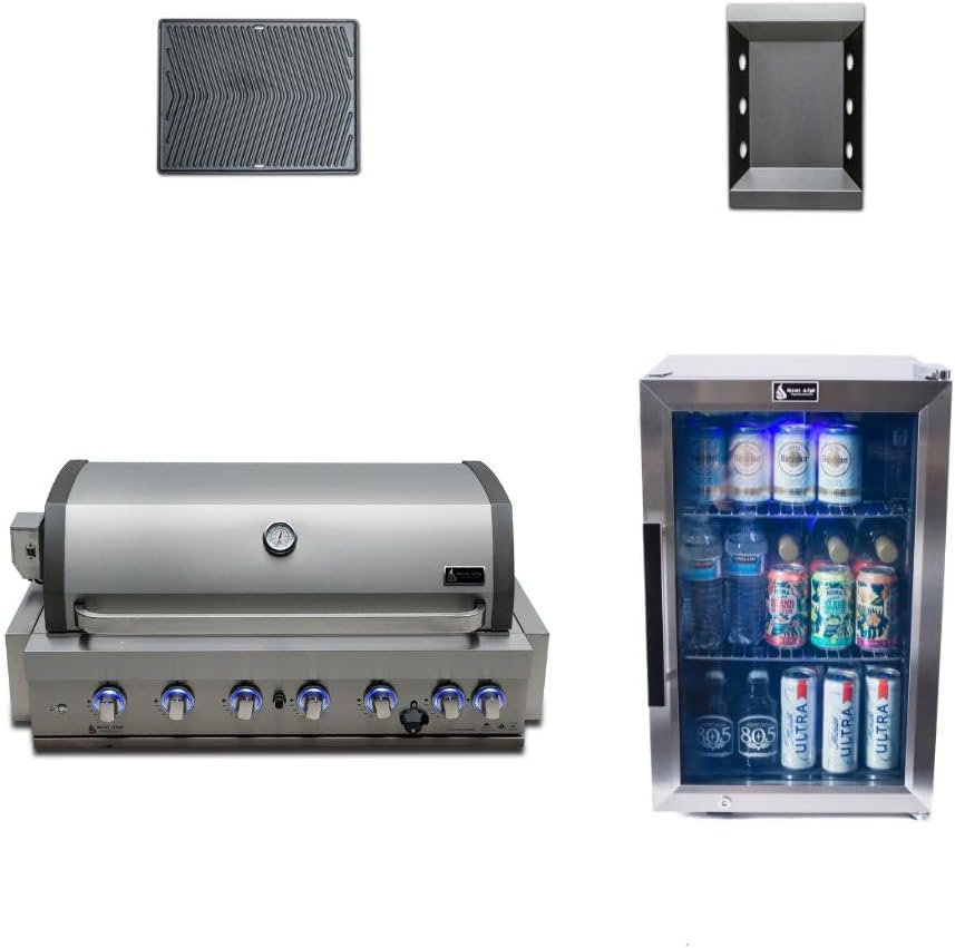 Mont Alpi Premium 44'W x 23'D x 21'H Stainless Steel 6-Burner Built-in BBQ Grill Head with Infrared Rear Burner + Rotisserie Kit + Outdoor Rated Glass Door Refrigerator + Charcoal Tray + Griddle Plate