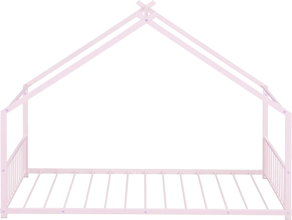 Bellemave Twin Floor BedFrame with Slats for Kids, Metal Montessori Floor Beds, Twin House Bed for Kids, Pink with roof
