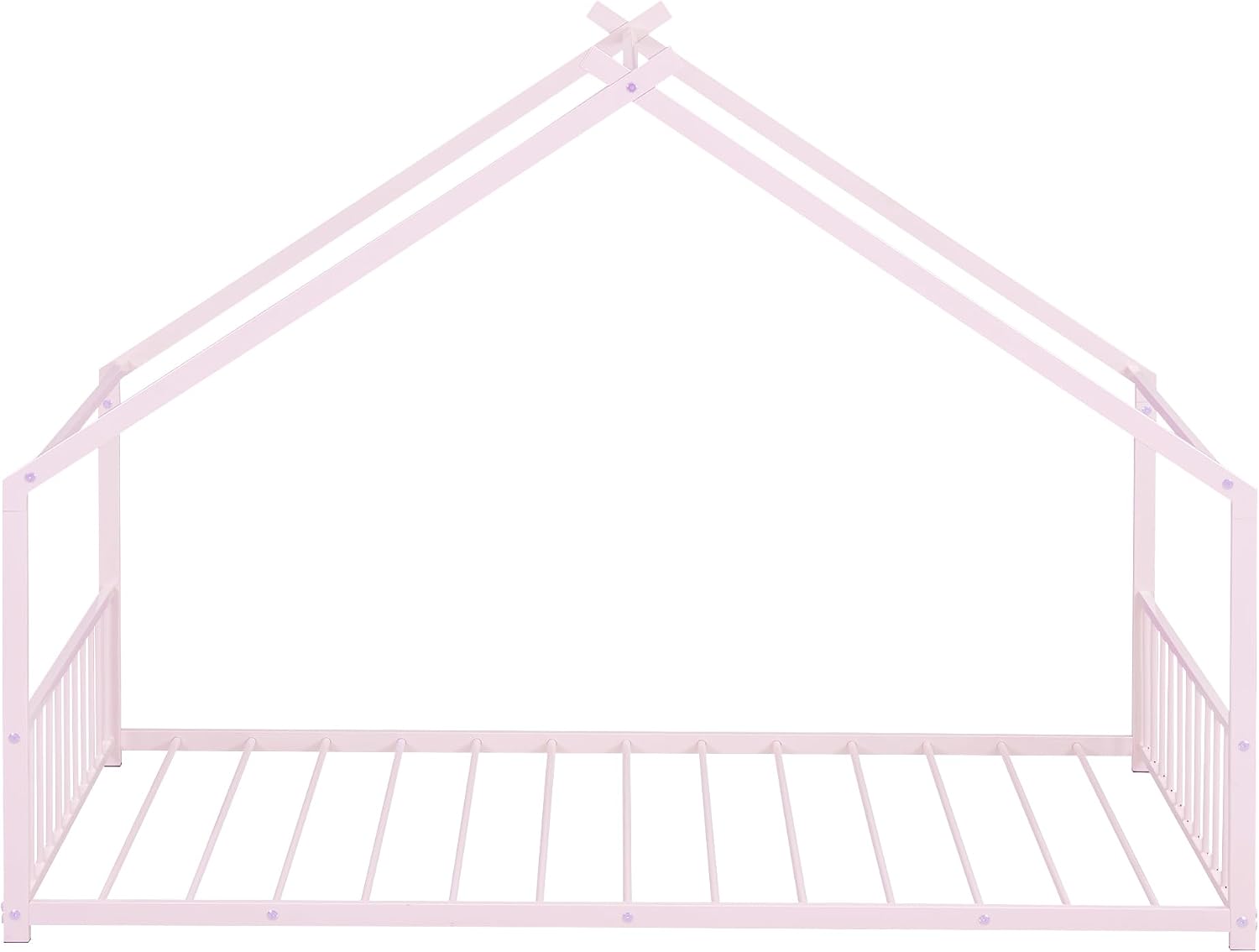 Bellemave Twin Floor BedFrame with Slats for Kids, Metal Montessori Floor Beds, Twin House Bed for Kids, Pink with roof