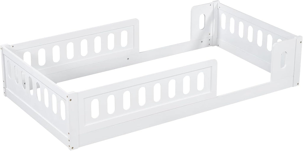 Platform Bed with Guardrail,Wood Floor Bed Frame for Bedroom,No Slat,No Box Spring Needed (White, Twin)