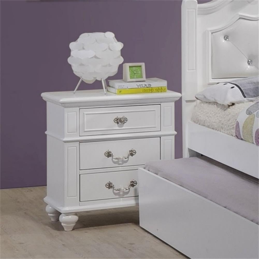 Pemberly Row Contemporary 4 Piece Twin Platform Bedroom Set, Solid Rubber Wood with White Faux Leather Headboard, Trundle Storage, Crystal Ball Posts, Bow Moldings, Bedroom Furniture for Kids or Teens