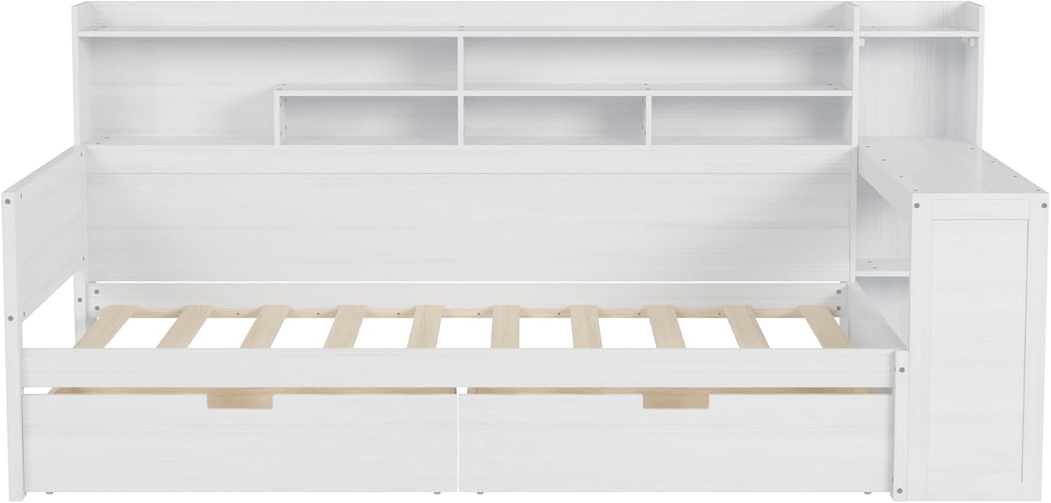 Twin Size Daybed with Desk,Storage Drawers and Shelves, Pine Wood Captains Bed Frame with Bookcase and Headboard for Kids Boys Girls Teens, Antique White
