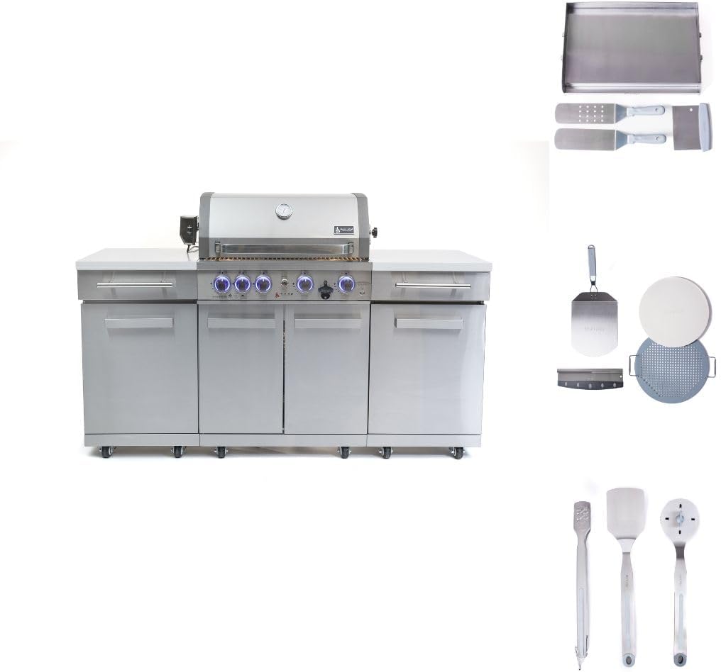 Mont Alpi Premium 70'W x 24'D Stainless Steel Outdoor Kitchen Island with Refrigerator + 32'W 4-Burner BBQ Grill + Universal Flat Top Griddle + Pizza Peel Kit + Cleaning Brush + Spatula & Tongs Combo