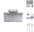 Mont Alpi Premium 70'W x 24'D Stainless Steel Outdoor Kitchen Island with Refrigerator + 32'W 4-Burner BBQ Grill + Universal Flat Top Griddle + Pizza Peel Kit + Cleaning Brush + Spatula & Tongs Combo