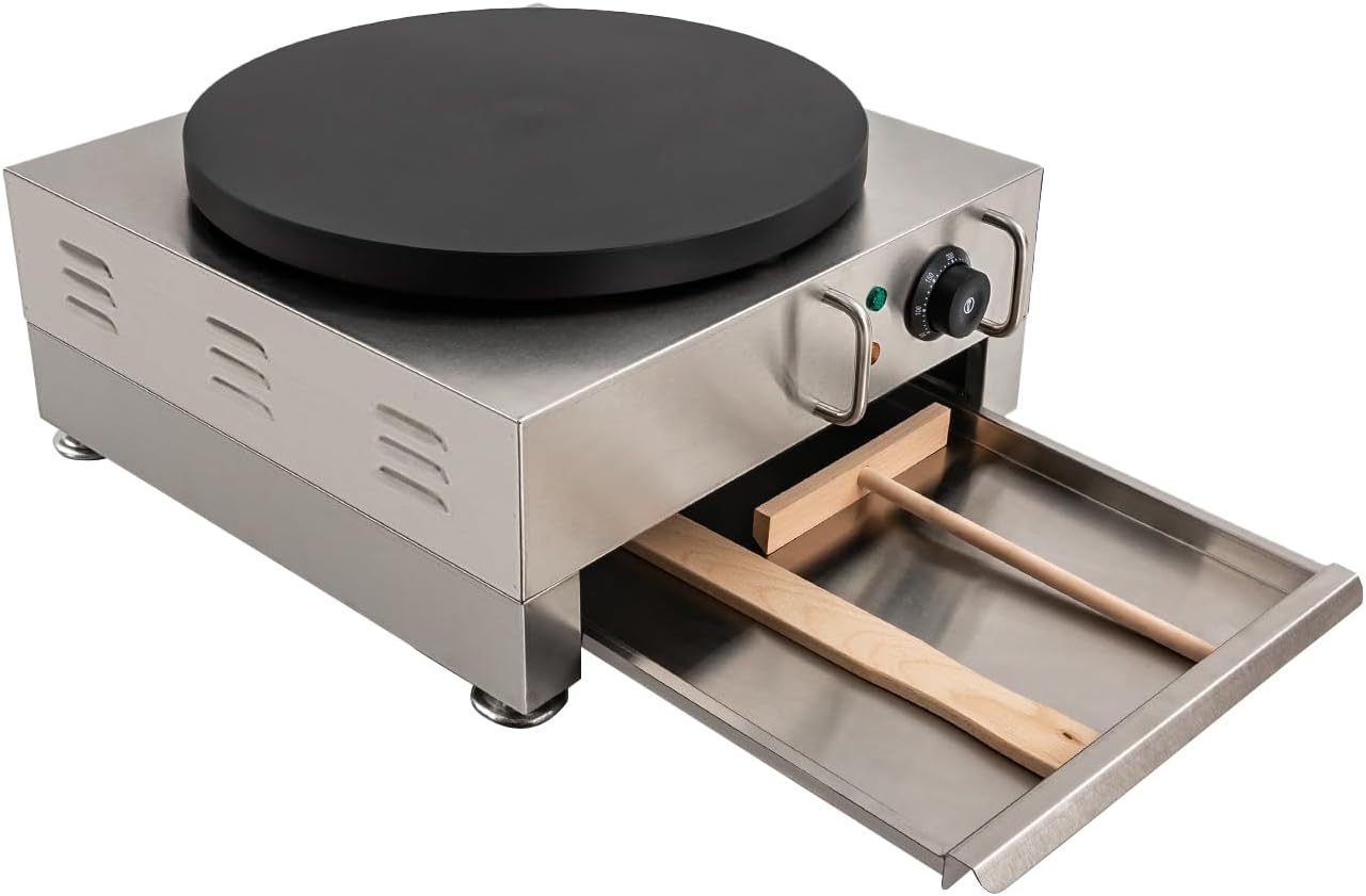 16 Inch Commercial Crepe Maker 2200W Electric Pancake Maker with Nonstick Round Crepe Hotplate Griddle Machine Adjustable Temperature for Blintzes, Eggs, Tortilla