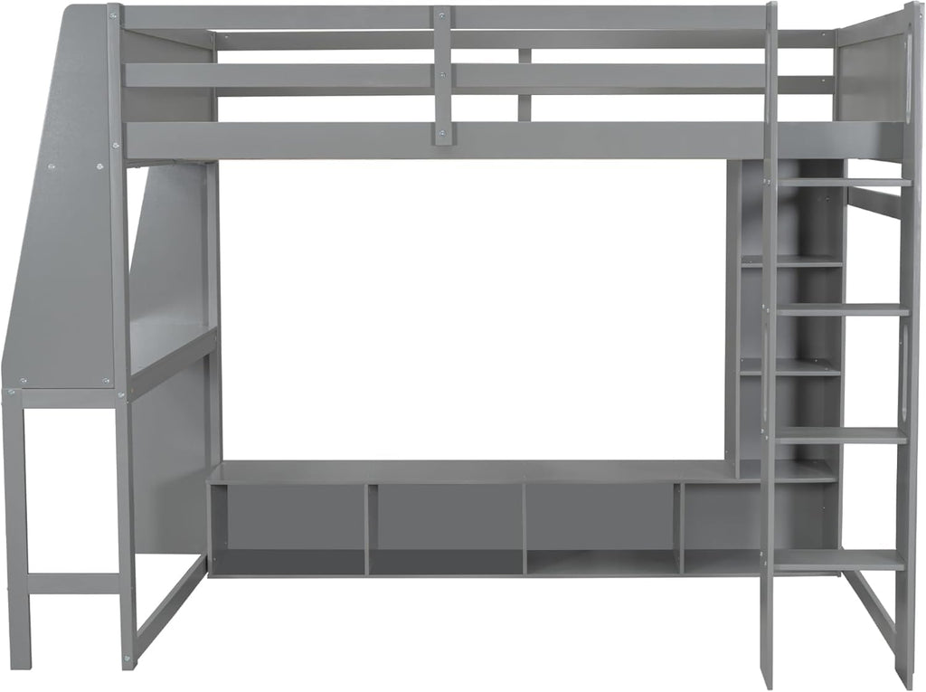 MERITLINE Full Gaming Loft Bed with Desk and Storage,TV Stand & LED RGB, Solid Wood Gaming Bed with Storage Shelves,TV Cabinet and Clothes Rack, for Adults Teens (Grey,Full)