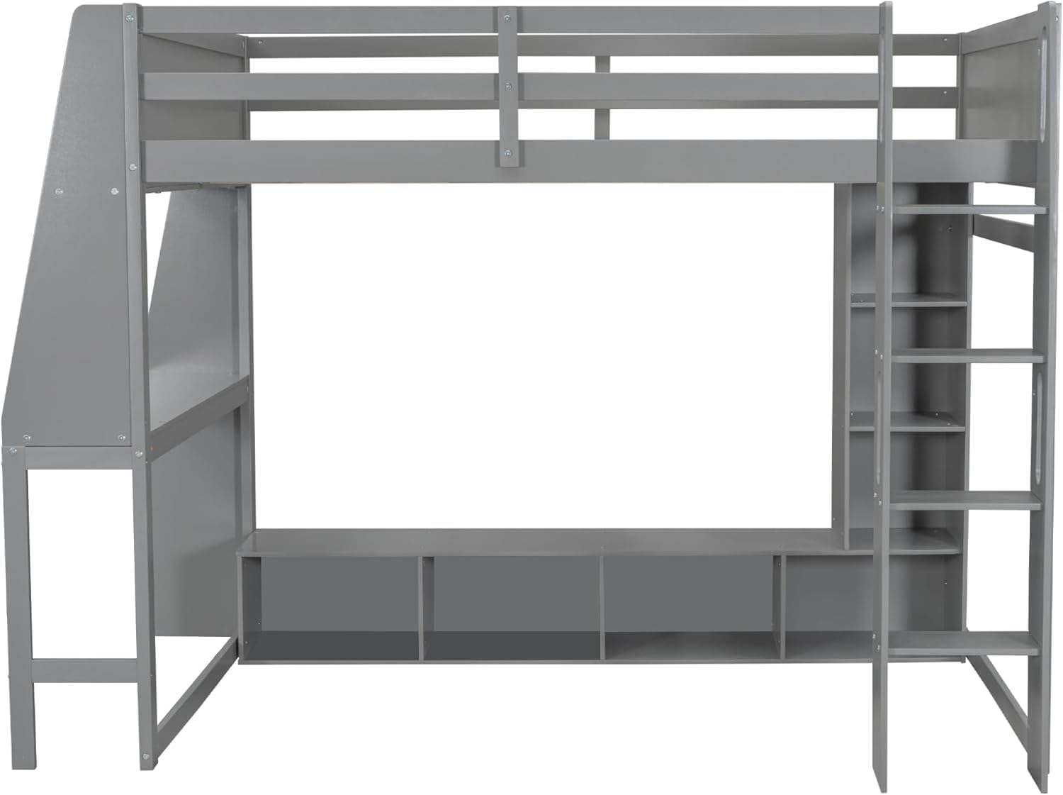 MERITLINE Full Gaming Loft Bed with Desk and Storage,TV Stand & LED RGB, Solid Wood Gaming Bed with Storage Shelves,TV Cabinet and Clothes Rack, for Adults Teens (Grey,Full)