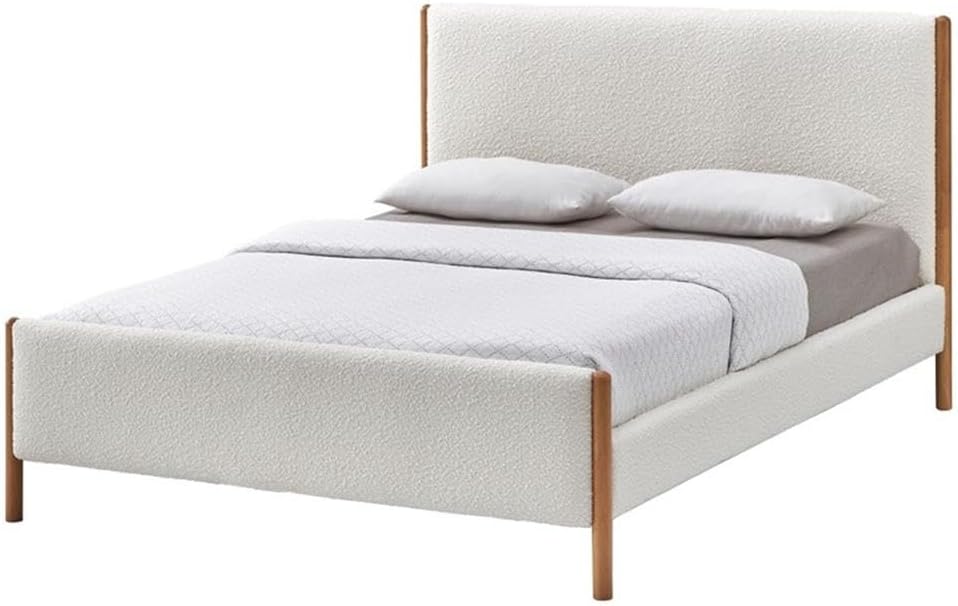 Liana Modern Style Upholstered Platform Bed with Soft Boucle Fabric and Solid Wood Legs - Box Spring Not Required - White Boucle, Queen Size