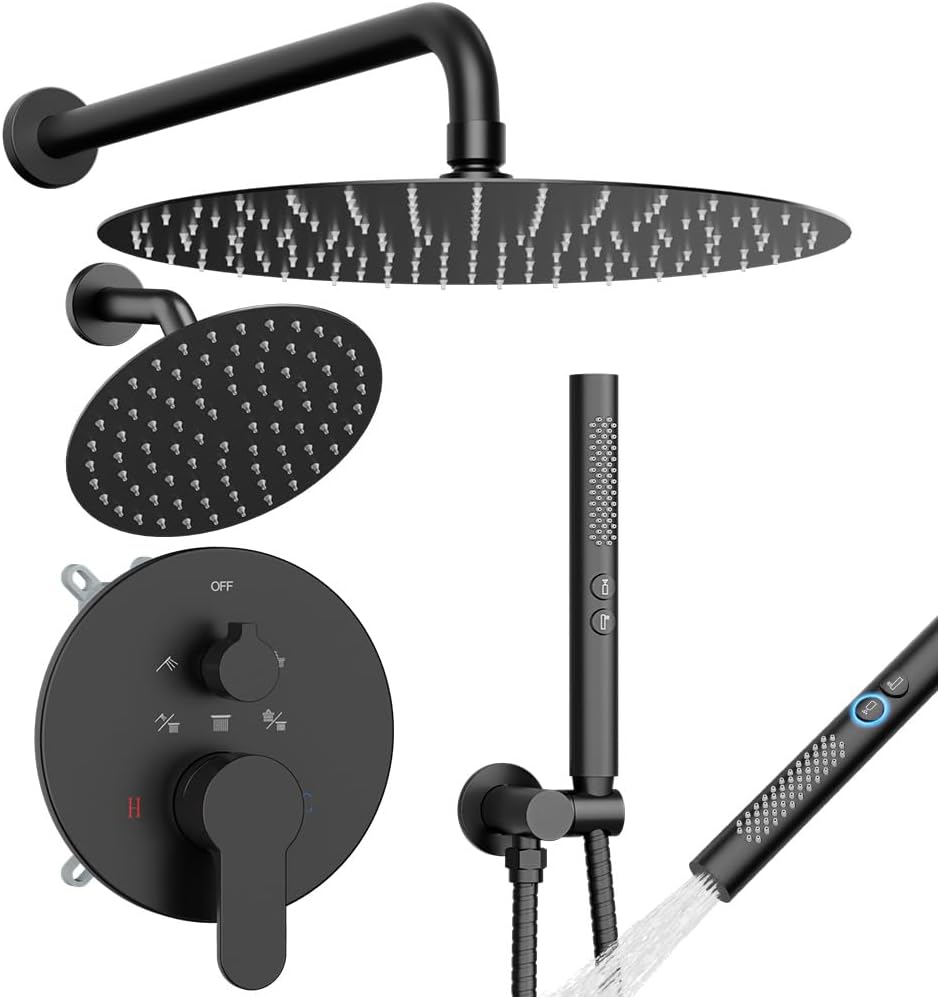 Shower Systems STARBATH 12+6' Round Dual Rainfall Shower Head with Handheld Spray for Two People, Wall Mounted 3 Way Rain Shower Faucet Sets Complete, Included Valve and Trim Kit, Matte Black