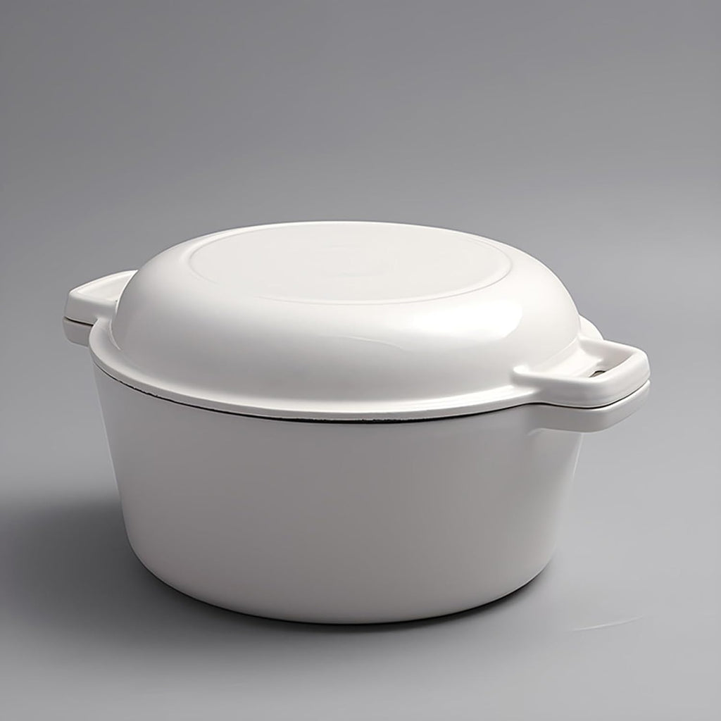 White,Mswborml Heavy-Duty Round Cast Iron Double Dutch Oven with Lid, Sturdy Casserole Dish with Lid, Oven Safe Nonstick Shallow Casserole Braiser with Dual Handle Ovenproof, 26cm/10.2in