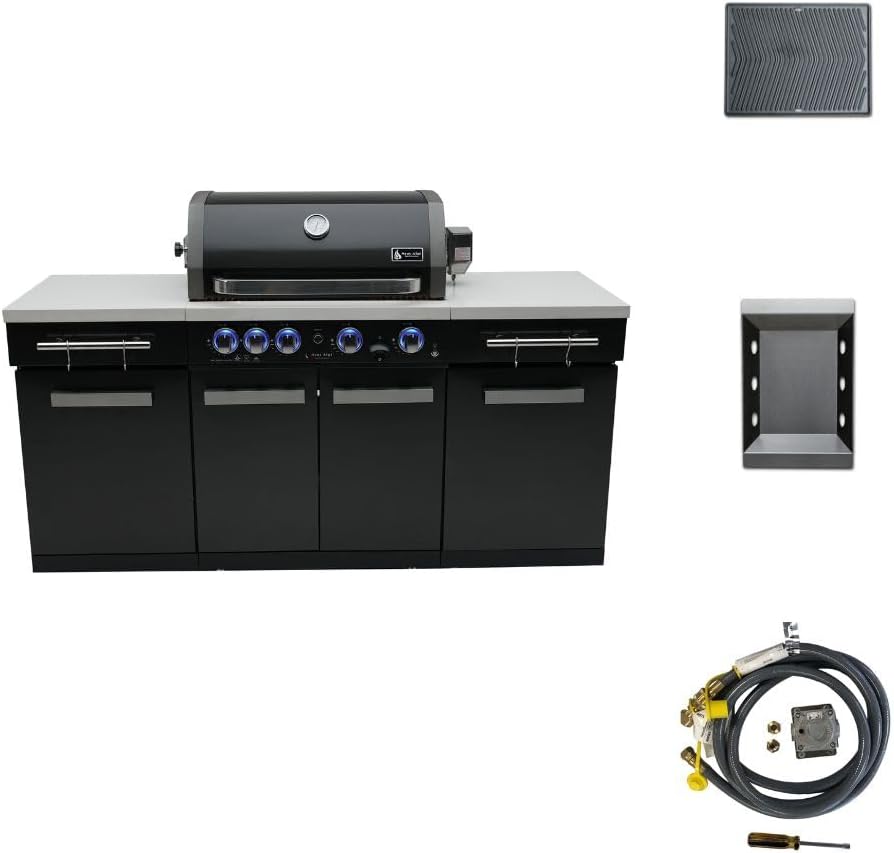 Mont Alpi Premium 70'W x 24'D Black Stainless Steel Outdoor Kitchen Island with 32'W 4-Burner BBQ Grill plus Accessory Bundle - Natural Gas Conversion Kit + Dual Sided Griddle Plate + Charcoal Tray