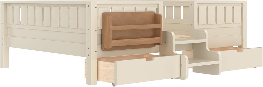 Bellemave Full Size Bed with Slats and Stairs, Full Size Platform Bed Frame with Fence, Bookshelf and Storage Drawers, Easy Assemble Beds for Kids, Girls, Boys, Beige