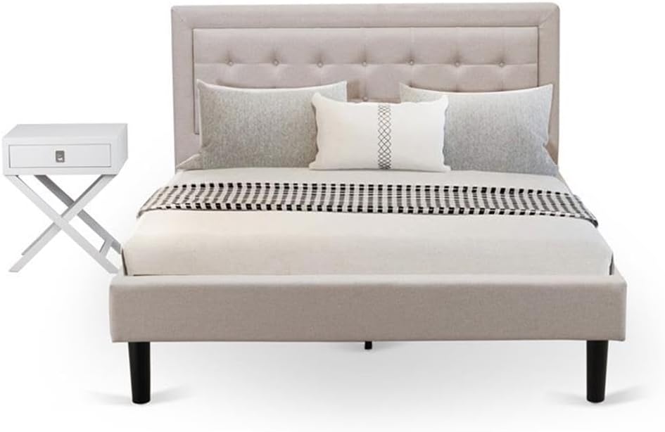 East West Furniture FN08Q-1HAE0 2-Piece Fannin Queen Bed Set Furniture with 1 Queen Wood Bed Frame and a Night Stand - Reliable and Sturdy Manufacturing - Mist Beige Linen Fabric