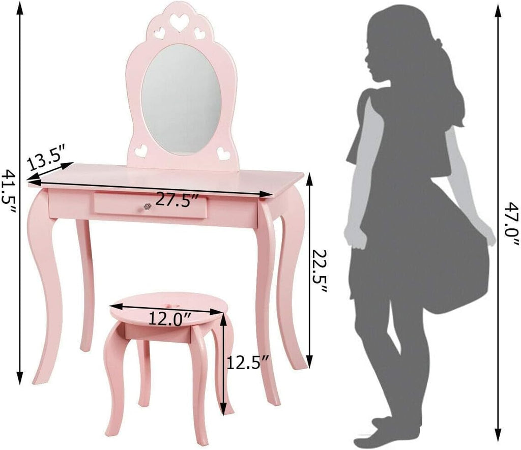 Costzon Kids Vanity & Jewelry Armoire Cabinet, Wooden Vanity Table and Chair Set, Standing Jewelry Organizer with Full-Length Mirror, Large Storage, Kids Bedroom Furniture Set for Girls (Pink)