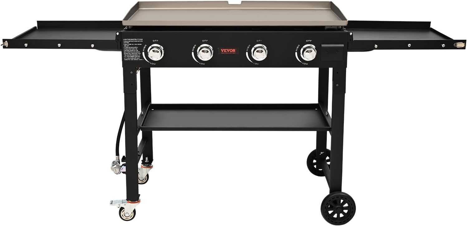 Propane Griddle on Cart, 36' Heavy Duty Manual Flat Top Griddle, Outdoor Cooking Station with Side Shelves, Steel Propane Gas Griddle, 4-Burners Restaurant Portable Grill - 60,000 BTU